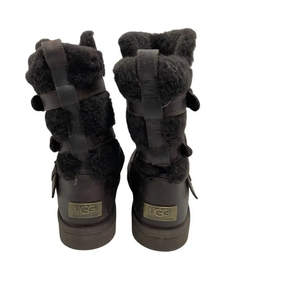 UGG Australia Chocolate Brown Leather Bow Buckle Mid-Calf Boot Size 7 Brand New